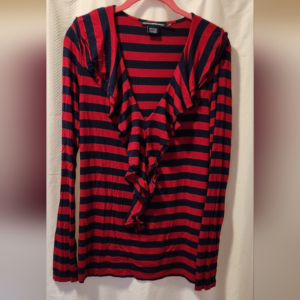 Ralph Lauren Sport Red and Navy Striped Ruffle Knit Top
